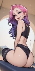 1girls ai_generated arched_back ass blue_eyes female gradient_hair league_of_legends legwear long_hair looking_at_viewer looking_back midriff molamaxuy on_bench open_mouth outdoors park pink_hair purple_hair rear_view riot_games seraphine_(league_of_legends) sitting skinny small_breasts smile solo sports_bra sports_panties sportswear teeth