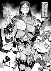 1girl 2boys bad_id bad_pixiv_id bar_censor blunt_bangs blush bob_cut bodysuit breasts censored delta_9 erection eyeliner facial_mark fate/grand_order fate_(series) forehead_mark genderswap genderswap_(ftm) greyscale headpiece highres horns ibaraki_douji_(fate) identical_genderswap large_breasts licking_lips loincloth looking_at_viewer makeup minamoto_no_raikou_(fate) monochrome multiple_boys nipples oni open_mouth parted_bangs penis revealing_clothes rope short_hair shuten_douji_(fate) skin-covered_horns tabard tattoo tearing_clothes tongue tongue_out torn_clothes trap