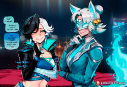 1girls 2girls ai_generated animal_ears aroused aroused_face athletic athletic_female big_ass big_breasts big_butt big_thighs black_hair blue_eyes blush breasts breath caption comic comic_page comics crossed_arms curvy curvy_body curvy_female curvy_figure cute cute_face english english_text eye_contact female fingerless_gloves fox_ears hair_ornament heterochromia hoorpy hourglass_figure jacket luna_snow luna_snow_(marvel_rivals) marvel marvel_comics marvel_rivals midriff multicolored_hair open_mouth patreon_username petite petite_body petite_breasts petite_female sexy sexy_body sexy_pose short_hair shorts smile smirk sparkle standing story tail talking_to_another talking_to_partner text thick_thighs thighhighs toned voluptuous voluptuous_female white_fox_(marvel) white_fox_(marvel_rivals) white_hair