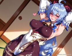 1girl ahoge ai_generated armpits arms_behind_head arms_up balecxi bell blue_hair blush bodystocking covered_navel covered_nipples cowbell detached_sleeves dutch_angle ganyu_(genshin_impact) genshin_impact goat_horns heart indoors large_breasts lips long_hair looking_at_viewer pantyhose patreon_username purple_eyes smile solo web_address
