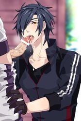 2boys blush cum cum_in_mouth drooling erection eye_patch facial fellatio gloves heshikiri_hasebe male_only multiple_boys muscle oral penis saliva shokudaikiri_mitsutada sweat teeth tongue touken_ranbu undressing yaoi