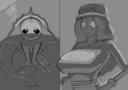 1animal 1girls bestiality black_and_white clothed_female erection hat heart-shaped_pupils huge_breasts huge_cock imminent_bestiality imminent_pokephilia imminent_sex long_hair looking_at_another looking_at_penis looking_down looking_up nidror pokemon pokemon_(species) pokemon_xy pokephilia serena_(pokemon) vaporeon zoophilia