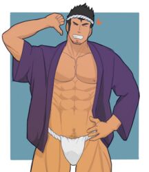 1boy abs bara big_pecs black_hair closed_eyes clothing facial_hair fundoshi fundoshi_only haori human human_only male male_focus male_only muscle muscles muscular muscular_male muscular_thighs pecs pectorals pubic_hair six_pack smile solo solo_focus solo_male standing takejirog teeth teeth_showing underwear white_underwear