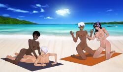 4girls angel_(kof) angry anoneysnufftan applying_sunscreen ass beach beach_towel black_hair blue_eyes breast_grab breasts brown_eyes clenched_teeth dark-skinned_female dark_skin dc_comics dcau elena_(street_fighter) embarrassed embarrassed_nude_female female female_only hair_over_one_eye hands_up helena_bertinelli humiliation huntress_(dc) imminent_death justice_league killer_lotion king_of_fighters mari_mccabe mask massage murder nipples nude nude_beach on_stomach peril photo_background punishment pussy rubbing sand short_hair sitting sky snk snuff street_fighter summer sunbathing towel vixen_(dc) water white_hair