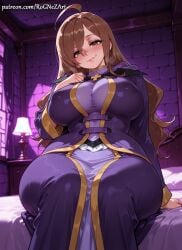 1girl 2026 ahoge ai_generated anime bangs bed blush boobs breasts brown_eyes brown_hair cleavage closed_mouth covered_nipples crossover dress eye_contact female female_focus flushed hair_between_eyes hand_on_own_chest highres huge_breasts indoors inside kono_subarashii_sekai_ni_shukufuku_wo! konosuba large_breasts lips long_hair long_sleeves looking_at_viewer neutral_expression nsfw on_bed patreon patreon_username robe rognezart sitting smile smiling solo very_long_hair window wiz_(konosuba)