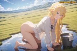 1girl ai_generated all_fours ass barefoot blonde_hair blue_sky bottomless breasts bucket cloud day dress earrings feet field frederica_baumann grass green_eyes grin hair_between_eyes hair_ornament hairband jewelry large_breasts legs long_hair long_sleeves medium_breasts mountainous_horizon nivora no_panties outdoors patreon puddle re:zero_kara_hajimeru_isekai_seikatsu reflection rice_paddy ripples see-through shirt sidelocks sky smile solo teeth thighs toes very_long_hair water wet white_hairband white_shirt