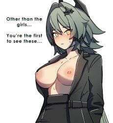 black_clothes blush blush_lines blushing blushing_at_viewer blushing_female boob_focus boobs caesar_king caesar_king_(zenless_zone_zero) dorahdew english english_dialogue english_text green_hair hair_intakes hair_ornament horn_jewelry large_breasts long_hair offscreen_character offscreen_male ponytail pov pretty shy simple_background star_hair_ornament suit sweat sweating sweaty_breasts unbuttoned wise_(zenless_zone_zero) yellow_eyes zenless_zone_zero