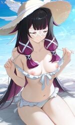 1girls ai_generated breasts columbina_(genshin_impact) genshin_impact nipples purple_hair shineinsfw sitting smile solo uncensored wet