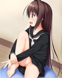 ball barefoot brown_hair cute_fang female haryuu_(poetto) highres long_hair looking_away no_panties open_mouth original pleated_skirt purple_eyes pussy school_uniform serafuku skirt solo uncensored very_long_hair