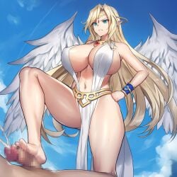 1girls ai_generated angel_wings angry blonde_hair blue_eyes brutoaimage censored cum footjob huge_breasts ilias large_breasts long_hair mon-musu_quest! penis pointy_ears revealing_clothes stomping wings