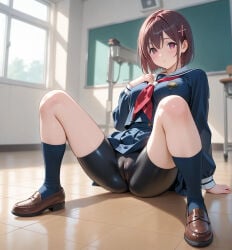1girl ai_generated bike_shorts blue_socks brown_hair cameltoe red_ribbon school_uniform squatting