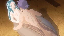 1boy 1girl 1girls 2020 20s age_difference animated animated_gif aqua_eyes aqua_hair blunt_ends blush bouncing_breasts breasts clam_girl clam_shell collarbone colored_eyelashes female fish_girl hamaguri_(shikkoku_no_shaga) heian husband_and_wife interspecies leg_lock long_hair looking_at_another lying manji_(shikkoku_no_shaga) missionary moaning monster_girl muscular muscular_male night nipples older_male_and_younger_female on_back outdoors pale_skin parted_bangs purple_hair sex shell shikkoku_no_shaga shikkoku_no_shaga_the_animation size_difference small_breasts tagme tall_male