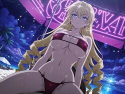 ai_generated big_breasts bikini blue_eyes claire_harvey hundred long_hair night_sky red_bikini sitting