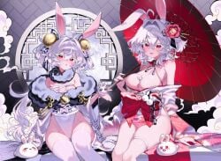 2girls ahoge bandage big_ass big_breasts flower flower_decoration flower_hair_ornament fluffy huge_breasts huge_thighs kimono long_hair original_character purple_hair rabbit rabbit_ears rabbit_girl rabbit_humanoid rabbit_tail red_eyes red_kimono red_ribbon red_umbrella savi_(byakushimc) savisavichan sitting small_breasts thigh_belt thighs umbrella white_hair white_kimono white_socks