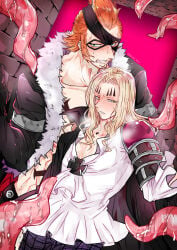 2boys basil_hawkins black_cloak embarrassed fantasy male male_only muscles one_piece orange_hair predation white_shirt x_drake yellow_hair