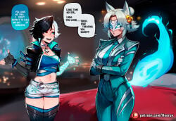 2girls ai_generated animal_ears aroused aroused_face athletic athletic_female big_ass big_breasts big_butt big_thighs black_hair blue_eyes blush breasts breath caption comic comic_page comics crossed_arms curvy curvy_body curvy_female curvy_figure cute cute_face english english_text female fingerless_gloves fox_ears heterochromia hoorpy hourglass_figure jacket luna_snow luna_snow_(marvel_rivals) marvel marvel_comics marvel_rivals open_mouth patreon_username petite petite_body petite_breasts petite_female sexy sexy_body sexy_pose short_hair shorts sparkle standing story tail talking talking_to_another talking_to_partner text thick_thighs thighhighs toned voluptuous voluptuous_female white_fox_(marvel) white_fox_(marvel_rivals) white_hair