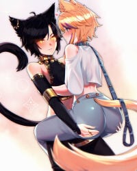 2boys ass ass_focus ass_up black_hair blonde_hair blue_eyes blush blushing cat_ears catboy collar femboy femboy_on_male lifting_person yellow_eyes