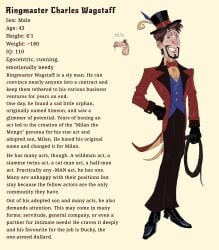 1boy bio_sheet brown_hair curly_pubic_hair digital_drawing_(artwork) digital_media_(artwork) english english_commentary english_text feather_in_hat feathers feathers_in_hat hazel_eyes holding_whip hook_nose information_sheet length male male_focus male_only measuring measuring_penis mr_shrink oc original original_character penis penis_out penis_reference profile profile_page pubic_hair pubic_hair_peek ringmaster ringmaster_outfit ringmaster_wagstaff selfish small_penis small_penis_exposure straight_hair text text_focus whip white_male yellow_teeth