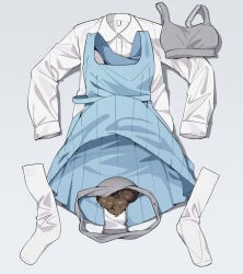 blue_dress bra clothes_focus collared_shirt commentary_request dress grey_background grey_bra grey_panties highres long_sleeves menoria no_humans original panties pinafore_dress pleated_dress scat shirt simple_background sleeveless sleeveless_dress socks underwear unworn_bra unworn_dress unworn_panties unworn_shirt unworn_socks white_shirt white_socks