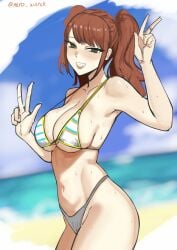 beach beach_background belly belly_button bikini blushing blushing_at_viewer breasts cleavage green_eyes kujikawa_rise looking_at_viewer navel nero_watch persona persona_4 posing red_hair seductive_look sideboob sweat sweaty swimsuit thick_thighs thighs tight_bikini tight_clothing underboob