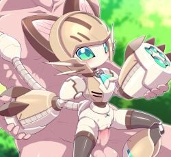 1boy 1girl animal_collar animal_ears ascot black_thighhighs blonde_hair brown_collar cat_ears cat_girl cat_tail censored clothed_female_nude_male collar commentary_request gato_alpar girl_on_top green_ascot green_eyes hetero humanoid_robot joints koonago mechanical_ears mechanical_hair mechanical_tail medarot mini_person minigirl mosaic_censoring no_mouth nollety nude penis robot robot_girl robot_joints sex short_hair tail thighhighs vaginal whiskers