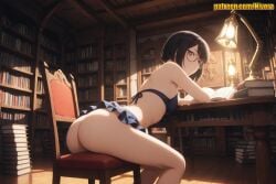 1girl ai_generated ass bare_arms bare_legs bare_shoulders bikini black-framed_eyewear black_bra black_hair book book_stack bookshelf bottomless bra breasts brown_eyes chair closed_mouth desk_lamp frills from_side glasses holding holding_book indoors lamp lantern leaning_forward lee_bora library looking_at_viewer looking_back microskirt nivora no_panties on_chair open_book purple_eyes red_eyes round_eyewear short_hair sitting skirt small_breasts smile solo solo_leveling swept_bangs swimsuit table thighs underwear wooden_chair wooden_floor wooden_table