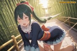 1boy 1girl ai_generated all_fours bamboo bamboo_forest blue_kimono blush bow clothed_female_nude_male crusch_karsten cum day ejaculation forest frills girl_on_top green_hair hair_between_eyes hair_bow hetero japanese_clothes kimono long_hair long_sleeves nature nivora nude obi open_mouth orange_eyes outdoors patreon penis ponytail pov re:zero_kara_hajimeru_isekai_seikatsu red_bow rope saliva sandals sash short_kimono solo_focus tabi torii uncensored zouri