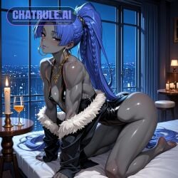 1girl ai_assisted ai_generated all_fours anime_screenshot bar barefoot black_eyes blue_hair braid candle_light candles cleavage colored_skin covered_erect_nipples dark_room fur_trim grey_skin half_closed_eyes highres hoop_earrings hotel_room hundred jewelry leotard long_dress looking_at_viewer looking_back_at_viewer muscular_female navel necklace night off_shoulder on_all_fours on_bed parted_lips ponytail purple_lipstick seductive_smile shy side_slit sitting small_ass small_breasts soles solo stool very_dark_skin very_long_hair viewed_from_behind window