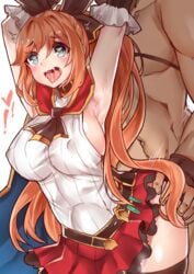 1boy 1girls armpits arms_up ascot bare_shoulders belt big_dom_small_sub black_bow black_gloves black_legwear blue_eyes bow breasts clarisse_(granblue_fantasy) clothed_female_nude_male covered_nipples dark_skin drooling elbow_gloves eyebrows eyebrows_visible_through_hair female gloves granblue_fantasy hairbow heart heart-shaped_pupils large_breasts larger_male long_hair nipple_bulge nude orange_hair osiimi ponytail red_skirt ribbed_sweater sailor_collar saliva sex skirt sleeveless smaller_female solo_focus standing stomach_bulge sweater sweater_vest symbol-shaped_pupils test_tube thighhighs tied_hair tongue tongue_out very_long_hair