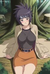1girl ai_generated anko_mitarashi arm_support artist_name belt black_hair blush breasts brown_eyes closed_mouth coat collarbone digitalwaifugallery fishnet_top fishnets forehead_protector forest head_tilt headband hi_res high_quality high_resolution jacket konohagakure_symbol large_breasts light_rays long_sleeves looking_at_viewer naruto nature nipples open_clothes open_coat orange_skirt outdoors patreon patreon_username seductive sexy short_hair sitting skirt smile solo sunbeam sunlight tree tree_stump uncensored watermark web_address