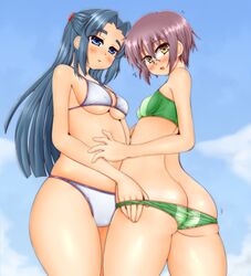 /\/\/\ 2girls :d :o asakura_ryouko ass ass_cleavage assisted_exposure bandeau bangs bare_arms bare_back bare_shoulders bikini bikini_pull blue_eyes blue_hair blue_sky blush breasts butt_crack cowboy_shot female from_behind glasses green_bikini huge_ass long_hair looking_back multiple_girls nagato_yuki open_mouth parted_bangs parted_lips pulled_by_another purple_eyes rimless_glasses round_glasses short_hair sky small_breasts smile standing surprised suzumiya_haruhi_no_yuuutsu swimsuit tan tanline underboob very_long_hair white_bikini wide_hips yellow_eyes yukirin_(nagatoyuki_ibukifuko) yuri