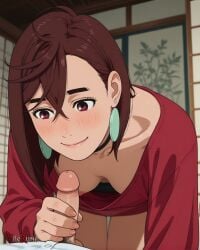 1boy 1girl ai_generated asymmetrical_bangs ayase_momo blush brown_hair dandadan downblouse earrings hair_between_eyes handjob hetero japanese_interior medium_hair nipples penis penis_out red_eyes red_sweater small_penis smiling