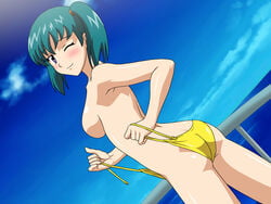 ass breasts female green_hair honjo_mikaze naughty stratos_4 swimsuit tied_hair twintails water wink