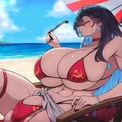 1futa abs beach bikini black_hair blue_eyes blue_hair blush bracelet breasts bulge cloud cloudy_sky erection erection_under_clothes futanari hammer_and_sickle huge_breasts jewelry large_penis long_hair muscular ocean penis red_bikini rikuguma sand sitting sky soviet sunglasses swimsuit testicles thick_thighs thighs umbrella valentina_(nuclear-il2) variant_set