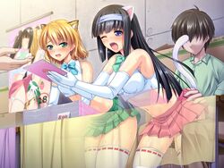 2girls bare_shoulders bent_over black_hair blonde_hair blue_eyes blush breasts cat_ears cat_tail clothed_sex clothes elbow_gloves fake_animal_ears fake_tail female game_cg gloves green_eyes green_skirt hair highres holding large_breasts legs long_hair looking_away male midriff multiple_girls navel off_pako_saretara,_ecchi_na_assistant_ga_dekichatta? one_eye_closed open_mouth penetration public public_sex red_skirt reverse_upright_straddle saliva sex short_hair sitting sitting_on_lap skirt standing stealth_sex straight thighhighs thighs unknown_(artist) vaginal_penetration white_gloves wince x-ray