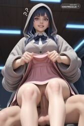 1girl 3d age_difference ai_assisted ai_generated black_hair blue_eyes blue_hair cable_knit cock_shock collared_dress confused crossed_legs curvy fear final_fantasy_xiv from_below girl green_hat grey_cardigan highres huge_balls huge_penis indoors long_sleeves looking_at_viewer pink_dress scared sitting_on_object size_difference smile upper_body vaginal_penetration weird white_background