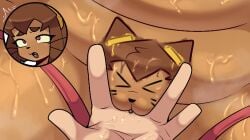 1boy 1girls :3 anthro ass big_thighs bikini bikini_bottom brown_hair cat_ears cat_girl cat_tail chubby_female feline female fingering fingering_pussy fingers gameoverse glitch_productions human human_on_anthro kit_(gameoverse) kit_bodega male open_mouth pink_eyes pubic_hair pussy short_hair straight sweat sweatdrop sweating thick_thighs thighs wet wet_body wet_pussy