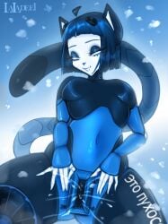 absurd_res android anthro blue_body blue_eyes blue_hair bodily_fluids bodysuit breasts clothed clothing digital_media_(artwork) domestic_cat ejaculation felid feline felis female fingers genital_fluids genitals hair hi_res laladeei latex looking_at_viewer machine makeup mammal robot russian_text short_hair simple_background skinsuit smile snow solo tail teeth text tight_clothing translated vaginal_fluids vaginal_squirting vulva white_body