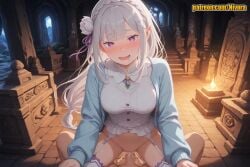 1boy 1girl ai_generated blush bottomless braid breasts candle cardigan clothed_female_nude_male clothed_sex cowgirl_position crown_braid cum cum_in_pussy cum_overflow dress drooling elf emilia_(re:zero) flower garter_belt garter_straps girl_on_top hair_flower hair_ornament hair_ribbon happy_sex hetero indoors large_breasts long_hair long_sleeves looking_at_viewer low-tied_long_hair medium_breasts mosaic_censoring nivora nude open_cardigan open_mouth patreon penis pointy_ears pov purple_eyes purple_ribbon re:zero_kara_hajimeru_isekai_seikatsu ribbon saliva sex shirt silver_hair smile solo_focus straddling thighhighs vaginal white_flower white_hair white_rose white_thighhighs x_hair_ornament