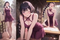1boy 1girl ai_generated bald bare_arms bare_shoulders black_hair blush braid braided_ponytail breasts cleavage closed_eyes clothed_female_nude_male collarbone cum day dress erection futanari halter_dress halterneck hetero jujutsu_kaisen large_breasts leaning_forward long_hair looking_at_viewer medium_breasts multi-tied_hair multiple_views nivora one_eye_closed open_mouth outdoors penis pink_dress pov precum purple_dress purple_eyes red_dress remi_(jujutsu_kaisen) ribbon_choker saliva sex sex_toy short_dress sleeveless sleeveless_dress standing table twintails uncensored