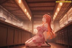 1girl ahoge ai_generated architecture bare_shoulders blue_eyes blush bowl breasts cherry_blossom_print closed_mouth dress east_asian_architecture floral_print full_body go-toubun_no_hanayome hair_ornament high_heels indoors itsuki_nakano long_hair looking_at_viewer looking_up medium_breasts nakano_itsuki nivora off-shoulder_dress off_shoulder orange_hair pink_dress restaurant sandals scenery short_sleeves sitting solo star_(symbol) steam very_long_hair wooden_floor