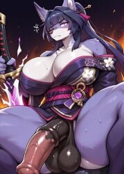 1girl ai-generated animal_penis blue_hair dog_penis furry furry_female futanari japanese_clothes katana kimono large_penis long_hair looking_at_viewer non-web_source original penis solo sweat sword tagme testicles weapon wolf_girl