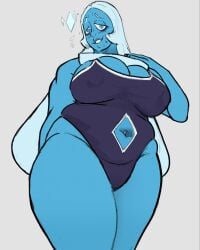 1girls archivatumm bags_under_eyes big_boobs big_breasts blue_body blue_diamond_(steven_universe) blue_eyes blue_skin boobs breasts chubby clothing gem_(species) gem_on_chest huge_boobs huge_breasts simple_background skindentation steven_universe swimsuit thighs white_hair