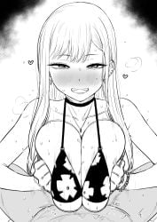 1boy 1girl absurdres bra breasts collarbone commentary_request ear_piercing earrings grabbing_own_breast greyscale grin heart highres jewelry kaiman_garupan kitagawa_marin looking_at_viewer monochrome necklace piercing pov smile sono_bisque_doll_wa_koi_wo_suru sweat underwear upper_body white_background