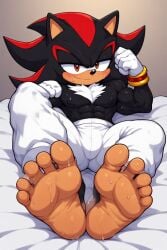 1boy 1male abs anthro blush blushed_face blushing blushing_at_viewer blushing_male bulge bulge_through_clothing bulge_under_clothes dripping_sweat feet feet_fetish feet_focus foot foot_fetish foot_focus grin grinning grinning_at_viewer looking_at_viewer male male_only mobian mobian_(species) mobian_hedgehog muscular_abs muscular_anthro muscular_arms muscular_male on_back on_bed shadow_the_hedgehog smile smiling smiling_at_viewer sonic_(series) sonic_the_hedgehog_(series) sweat sweatdrop sweating sweaty sweaty_body sweaty_feet tan_feet twink