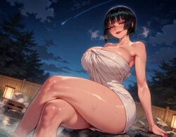 1girl 1girls ai_generated balecxi bare_shoulders black_hair blunt_bangs blush bob_cut breasts cleavage crossed_legs curvaceous curvaceous_female curvaceous_figure curvy curvy_figure exhibitionism female female_focus green_hair guilty_gear guilty_gear_strive guilty_gear_xrd huge_breasts i-no inviting inviting_to_sex lantern large_breasts lipstick looking_at_viewer makeup mature_female mole naked_towel night night_sky one_eye_closed onsen outdoors partially_submerged presenting presenting_ass presenting_breasts presenting_hindquarters presenting_self red_lips rock seductive seductive_look seductive_smile shooting_star short_hair sitting sky smile soaking_feet solo steam thick_thighs thighs towel tree voluptuous voluptuous_female water wet wet_towel white_towel yellow_eyes