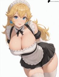 1girl 1girls ai_generated arms_behind_back bangs black_ribbon blonde_hair blue_eyes breasts cleavage closed_mouth collarbone earrings elbow_gloves hi_res high_quality high_resolution highres large_breasts leaning_forward light light_blush light_smile lips long_hair looking_at_viewer maid maid_apron maid_headdress mario_(series) nintendo nose opal_nemy patreon_logo patreon_url patreon_username plain_background princess_peach ribbon self_upload shadow shiny shiny_hair shiny_skin simple_background skirt solo super_mario_bros. thick_thighs thighhighs thighs watermark white_background white_thighhighs