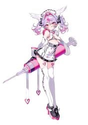 big_breasts black_ribbon feather feet_up hat heart heel huge_thighs injection nurse nurse_clothes nurse_hat original_character pink pink_eyes pink_hair purple_hair savi_(byakushimc) savisavichan thighs twintails white_background white_hat white_skirt white_socks