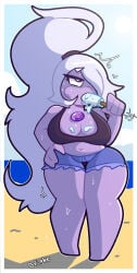 1girls amethyst_(steven_universe) beach blightstar cleavage clothed dripping_ice_cream eyes_rolling_back frayed_shorts gem gem_(species) gem_on_chest hand_on_hip heart-shaped_pupils ice_cream large_breasts long_hair ponytail purple_body shorts shortstack solo sports_bra standing steven_universe tagme wide_hips