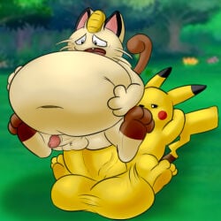 1:1 abdominal_bulge anal anal_penetration anthro ash's_pikachu balls big_balls big_penis bodily_fluids camp14 cum cum_inflation cum_inside duo erection generation_1_pokemon genital_fluids genitals glans hi_res huge_balls huge_penis humanoid_genitalia humanoid_penis hyper hyper_balls hyper_genitalia hyper_penis inflation male male/male male_penetrated male_penetrating male_penetrating_male meowth meowth_(team_rocket) nintendo penetration penile penile_penetration penis pikachu pokemon pokemon_(species) sex spread_legs spreading team_rocket